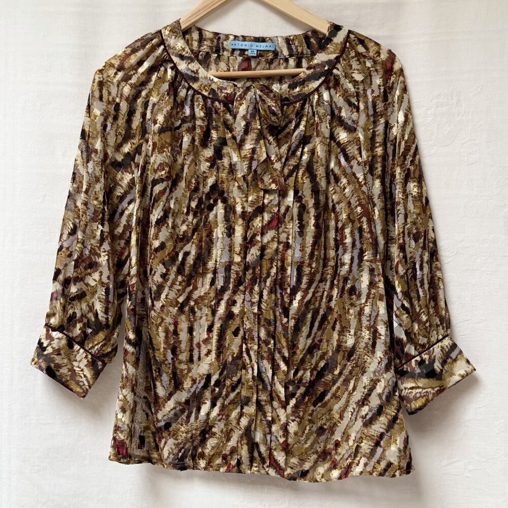 Antonio Melani Evening Blouse Womens XS Sheer Shimmer Tie Front Career Corporate